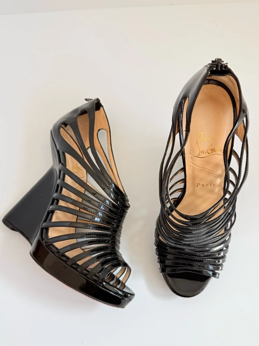 CHRISTIAN LOUBOUTIN Disqueen 120 Black Patent Cage Wedge Sandals EU 38 Rare
